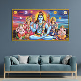 Classic Vintage Lord Shiva with Ganesha Family Wall Portrait – Spiritual Wall Paintings